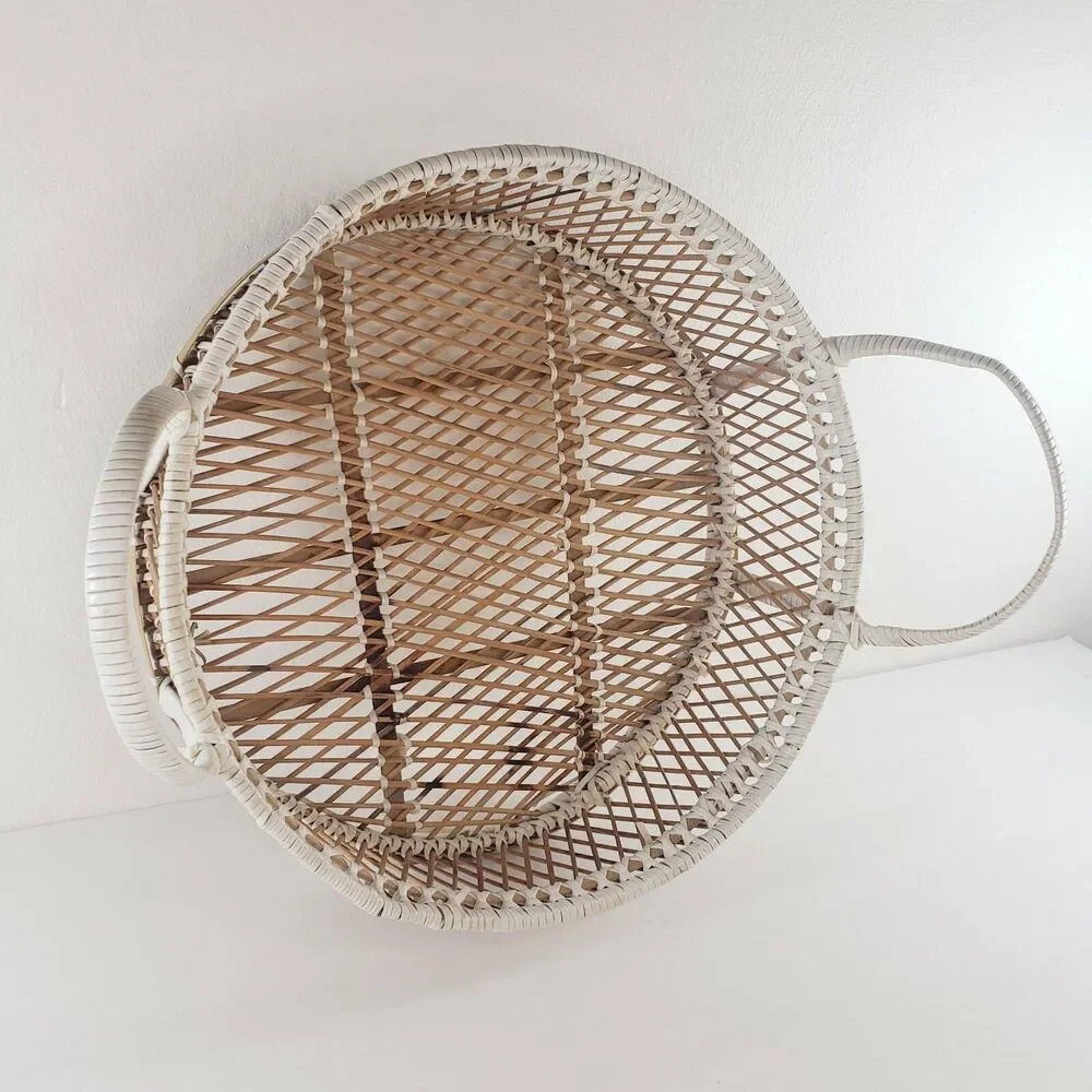 Round Basket w/ Handles White Accents Woven Rattan Wicker Rattan Wall Art
